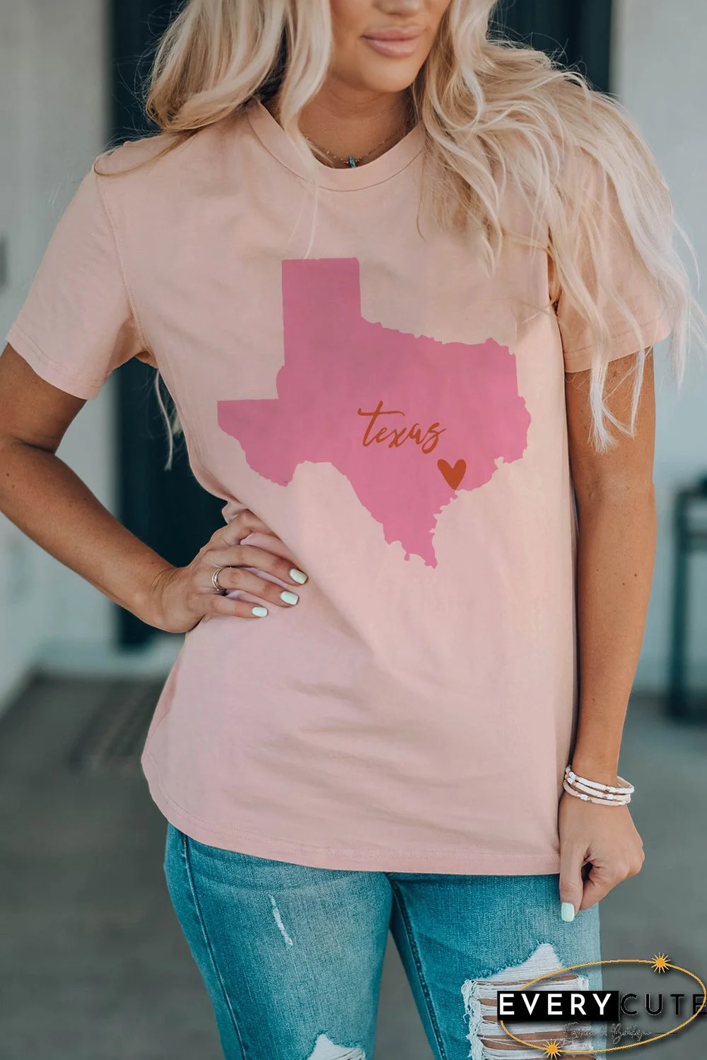 Pink Texas Map Graphic Print Crew Neck T Shirt
