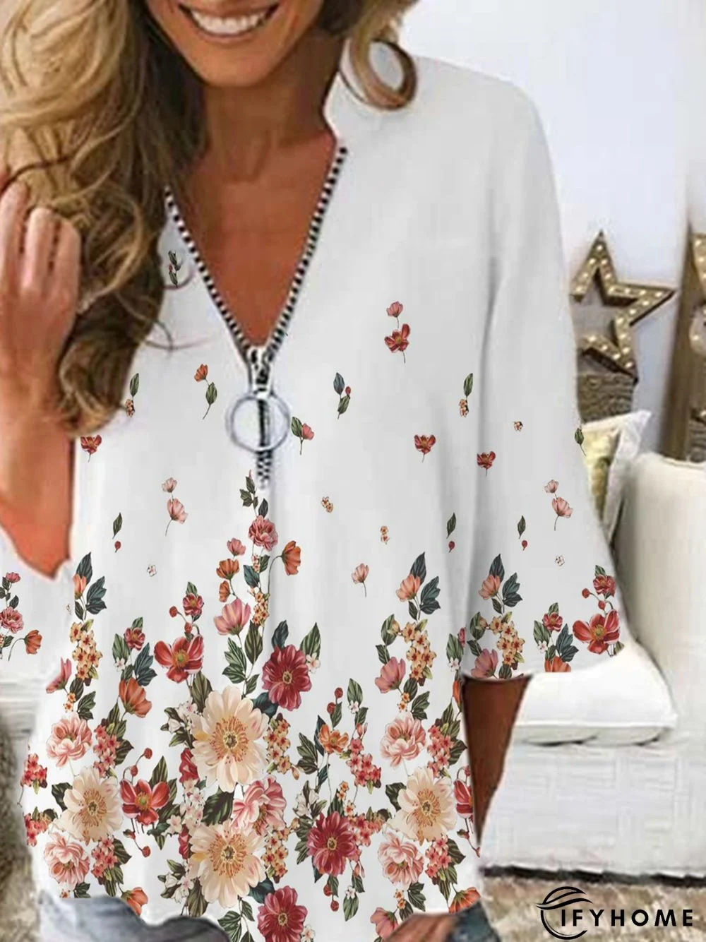 Floral Casual V Neck Zipper Three Quarter Loose Tunic Top | IFYHOME