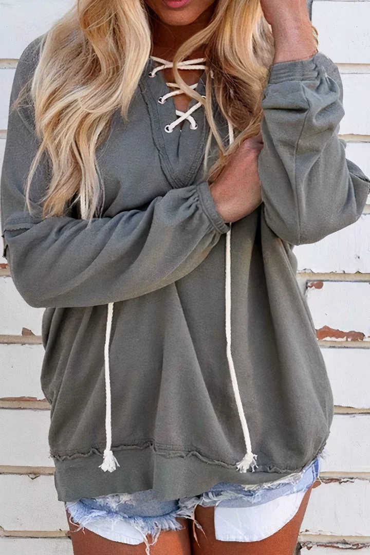 Solid Eyelet Lace Up Drawstring Hoodie