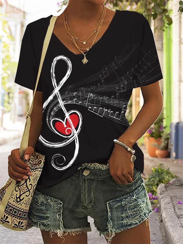 Music Notes Heart V Neck Casual Cozy T Shirt