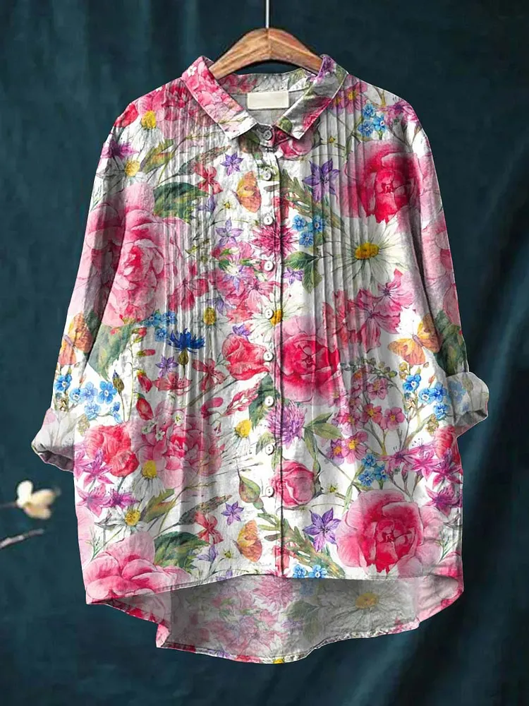 Women's Retro Artistic Watercolor Flowers Print Casual Cotton And Linen Ruffle Shirt