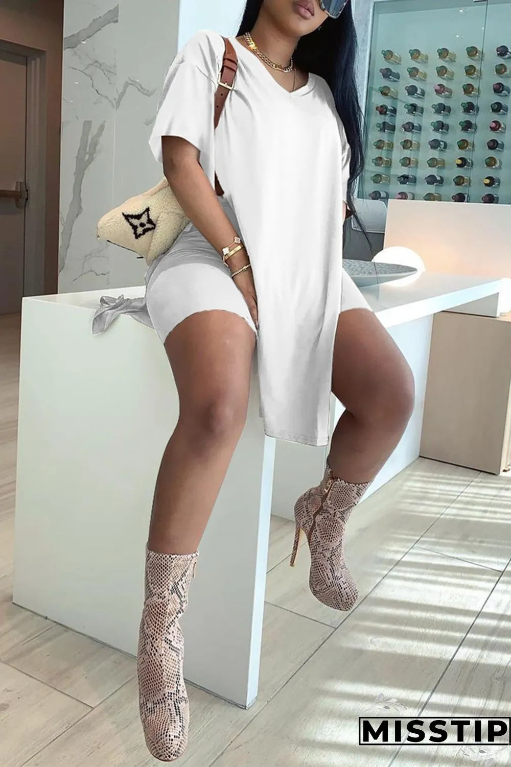 Khaki Fashion Casual Solid Slit V Neck Short Sleeve Two Pieces
