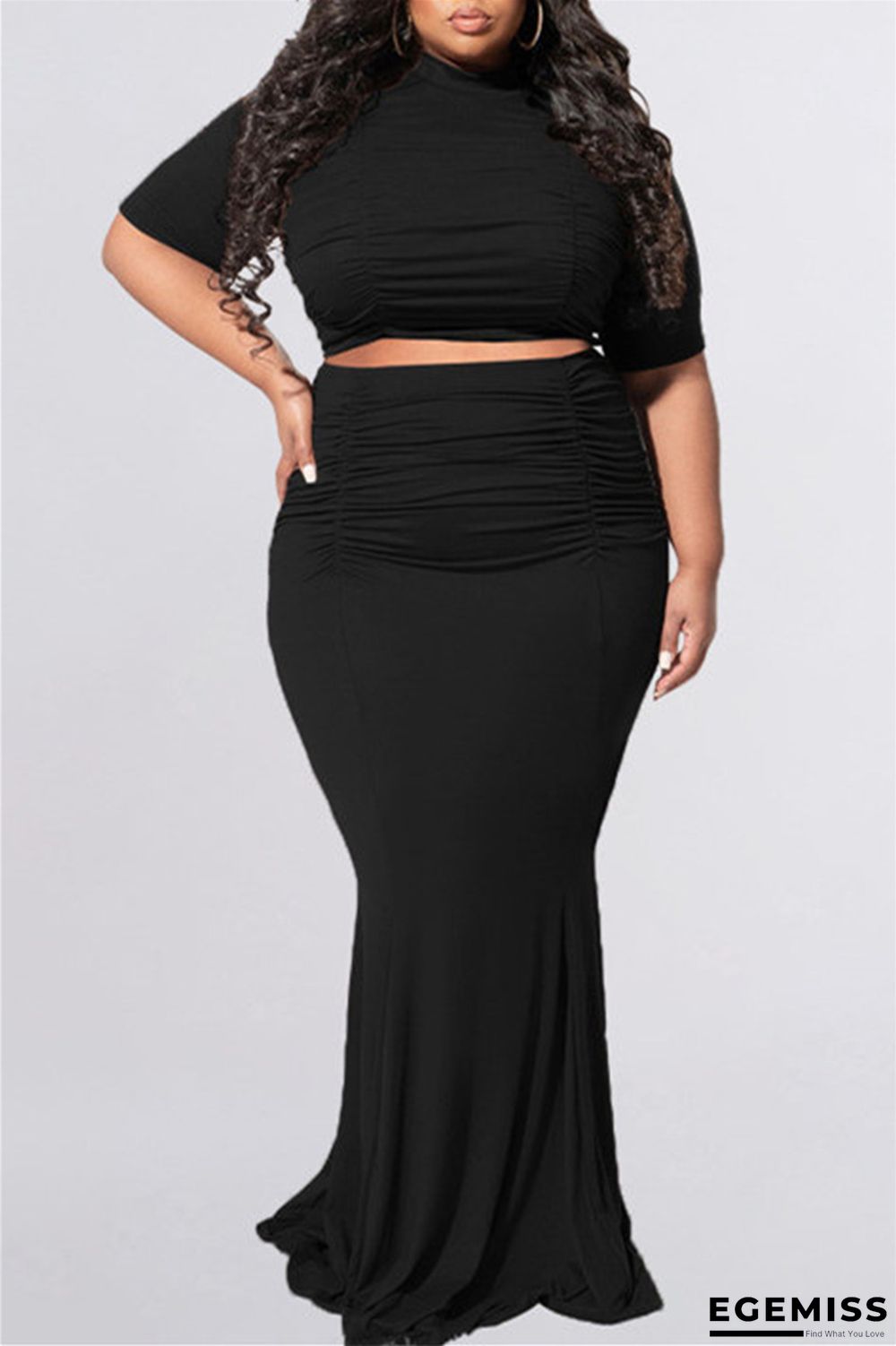 Black Fashion Casual Solid Fold O Neck Plus Size Two Pieces | EGEMISS