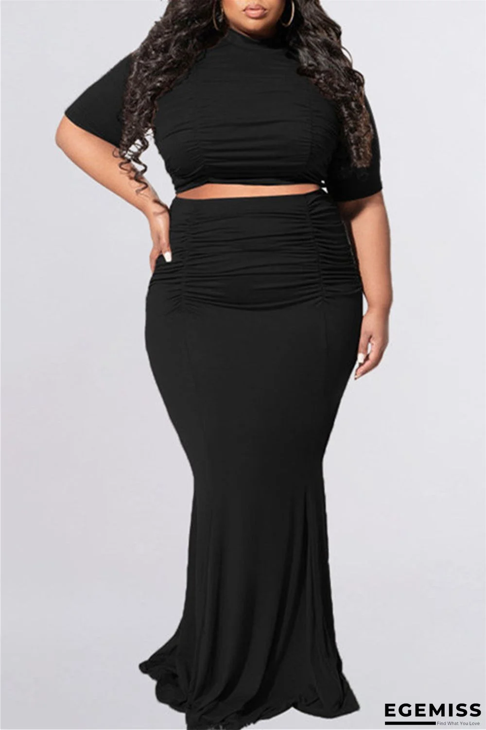 Black Fashion Casual Solid Fold O Neck Plus Size Two Pieces | EGEMISS