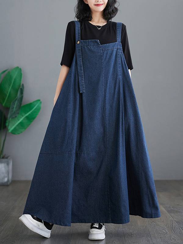 Vintage Loose Casual Denim Strap Maxi Dress