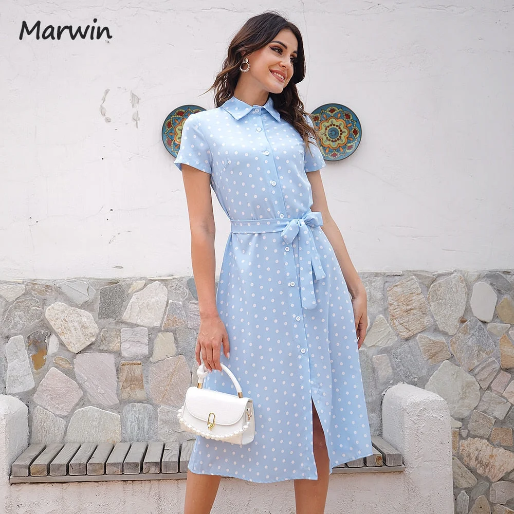 Marwin Long Simple Casual Dot Dress With Belt Holiday Style High Waist Buttoned Fashion Mid-Calf Summer Dresses NEW Vestidos