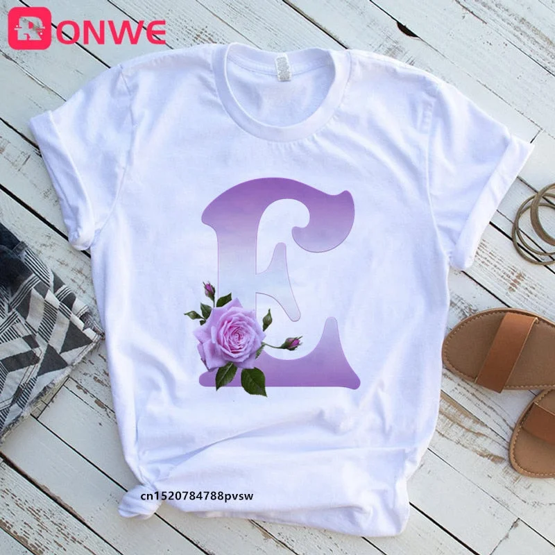 Women's Custom Name Rose Letter Combination Printing T-shirt Flower Letter Font A B C D E F G Short sleeve Tshirt,Drop Ship
