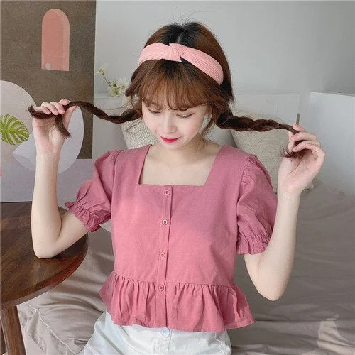 Women Blouses Short Sleeve Square-collar Ruffles Summer Single-breasted Solid Slim Sweet Girls Korean Style Womens Shirts Chic