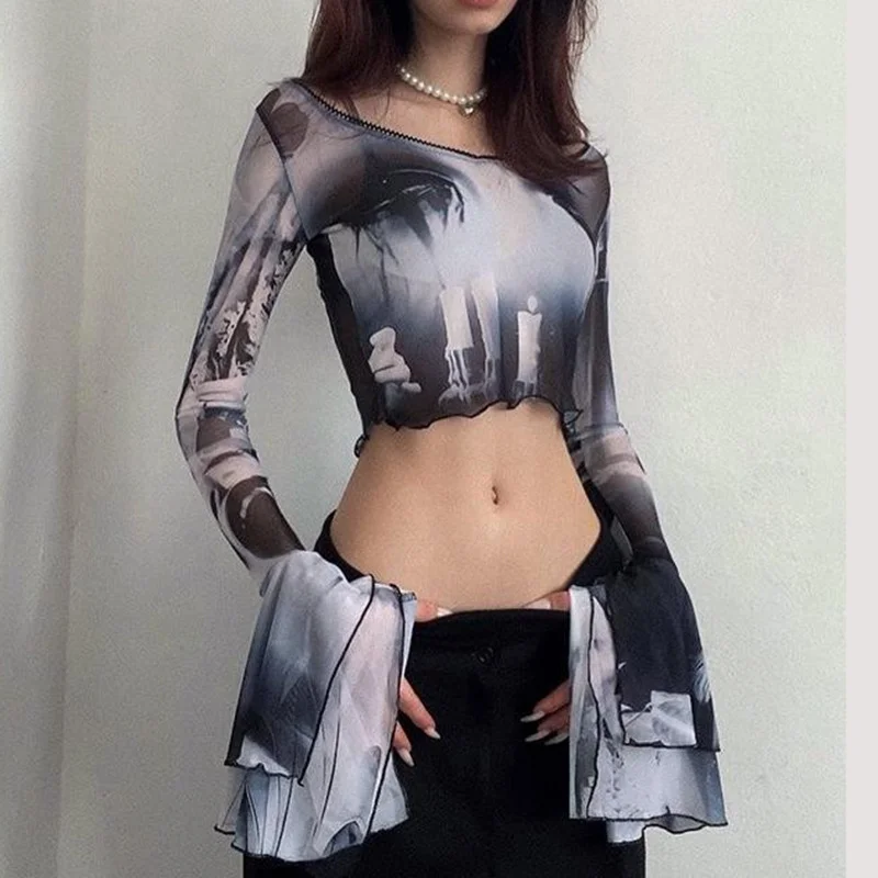 Brownm Brownm Slim Mesh Print Sleeve Horn Long Sleeve Perspective Crop Fashion Women's Top