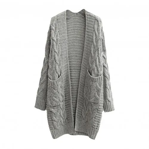 Women Autumn Winter Pockets Cardigan Long Sleeve Twist Knitted Mid-length Coat 2021