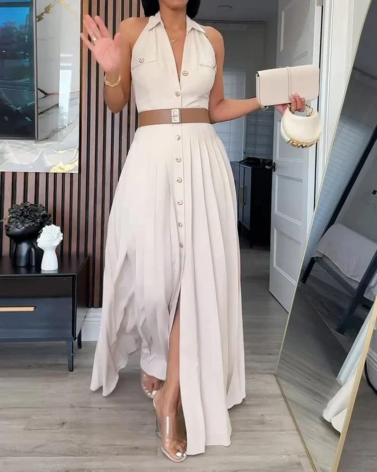 Sleeveless solid color waist dress