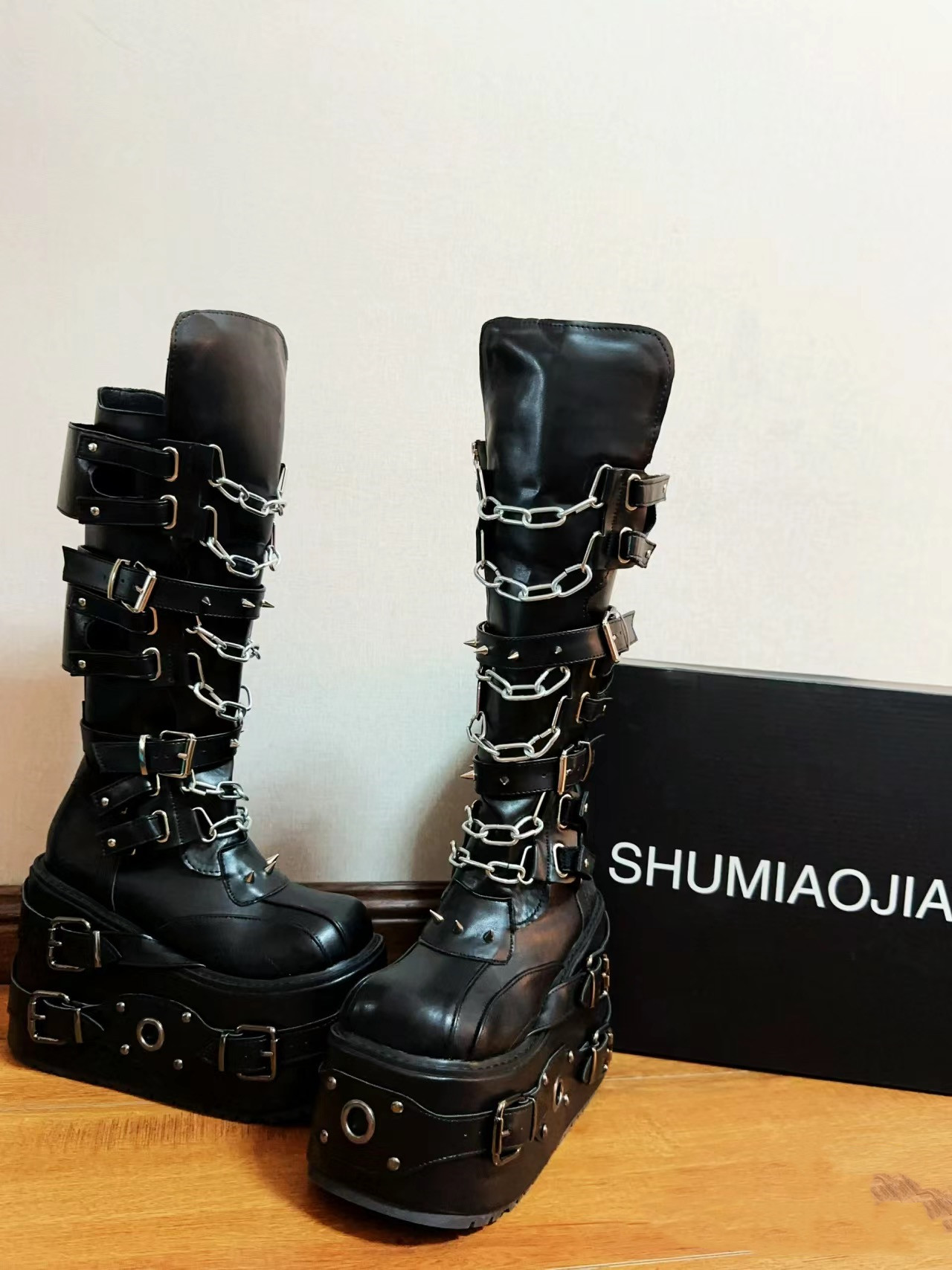 GOOSHOE Martin Motorcycle Boots High Thick Heels Pumps Cool Knight Boots Girl Punk Long Boots Shoes Chain 47