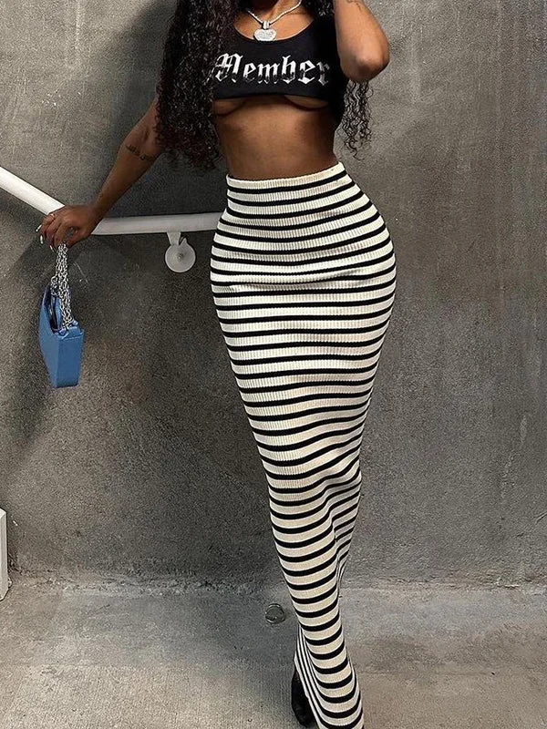 Contrast Color Striped High Waisted H-Line Skirts