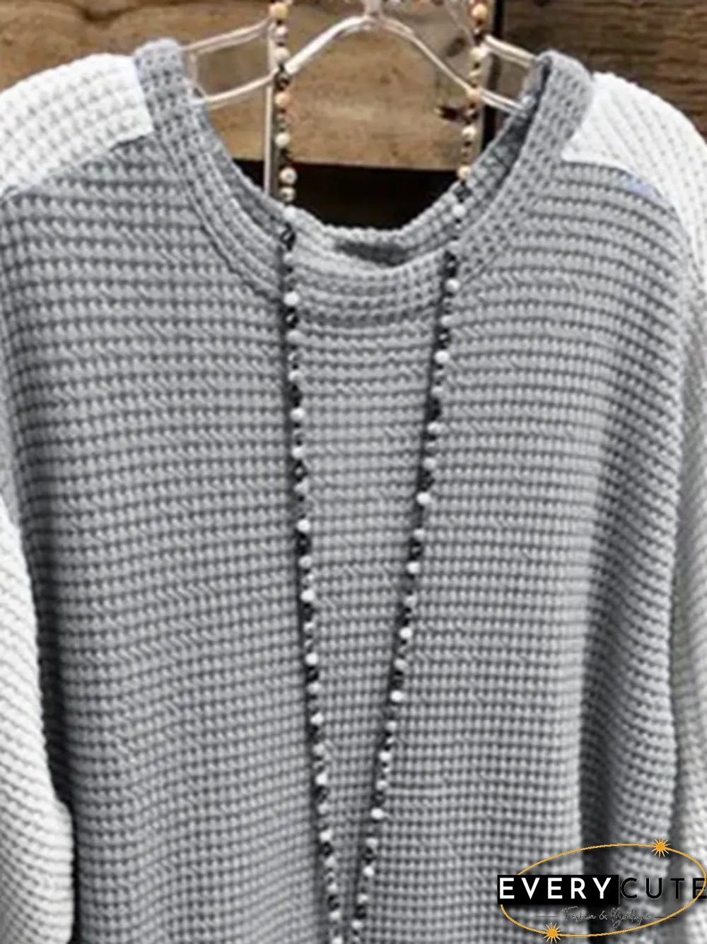 Blue Long Sleeve Cotton-Blend Round Neck Sweater