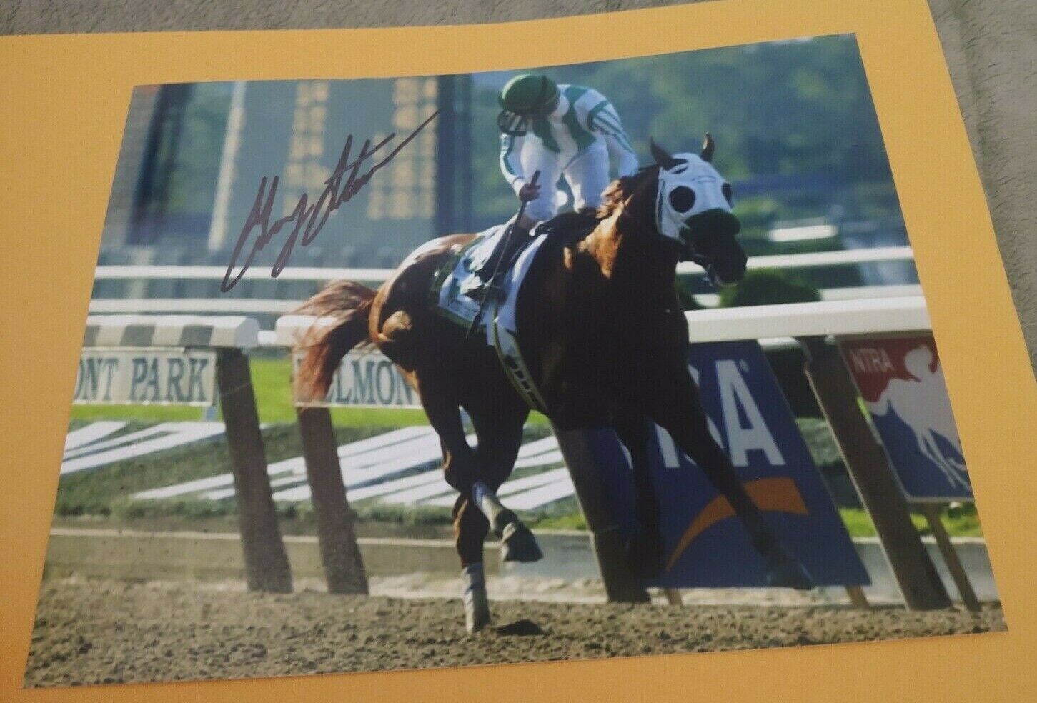 GARY STEVENS POINT GIVEN SIGNED 2001 BELMONT STAKES 8x10 HORSE RACING Photo Poster painting COA