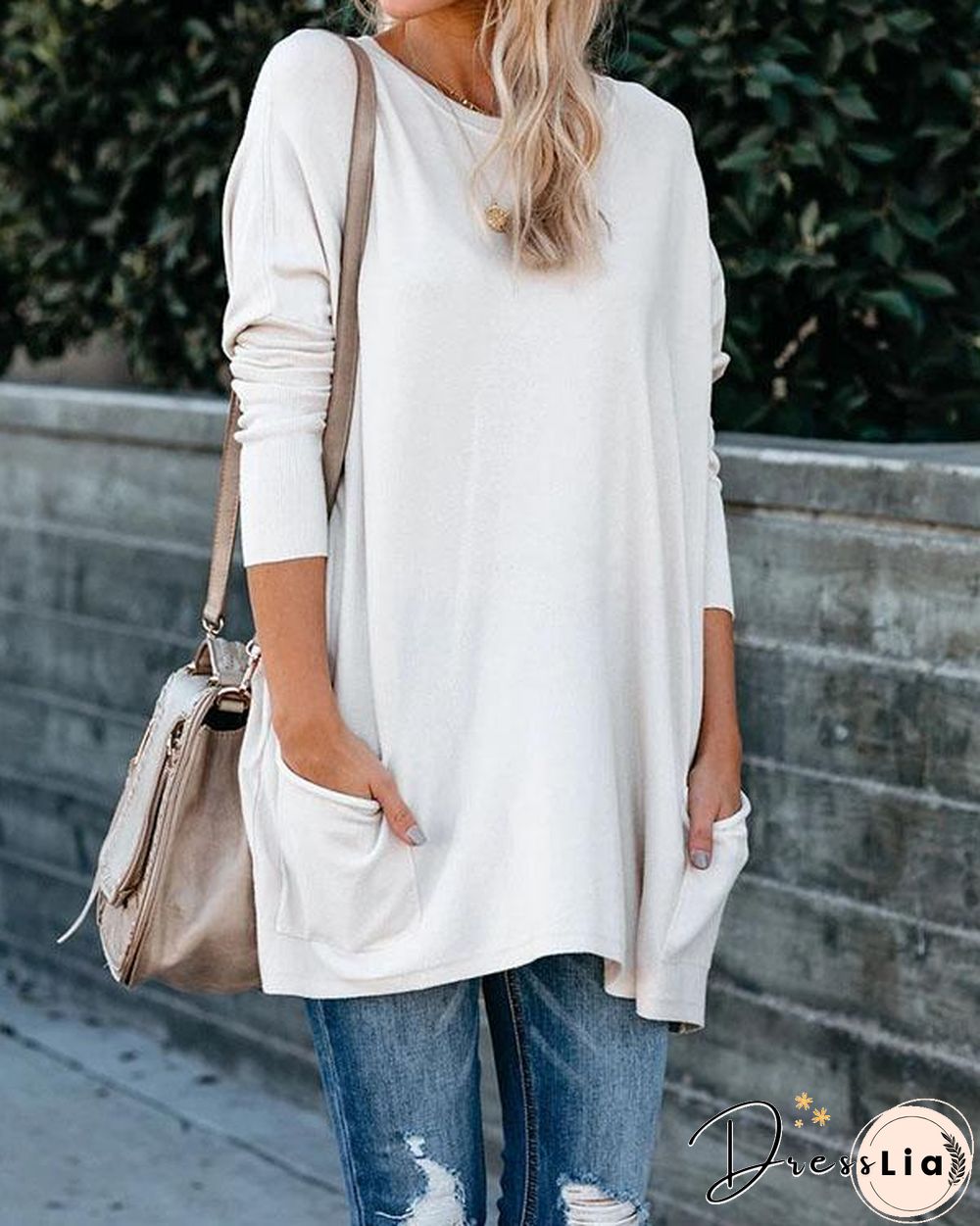 Plus Size Women Cotton Plain Color Pockets Long Sleeve Top