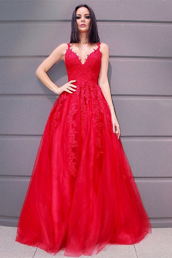 Dresseswow Red Sleeveless V-Neck Lace Appliques Prom Dress