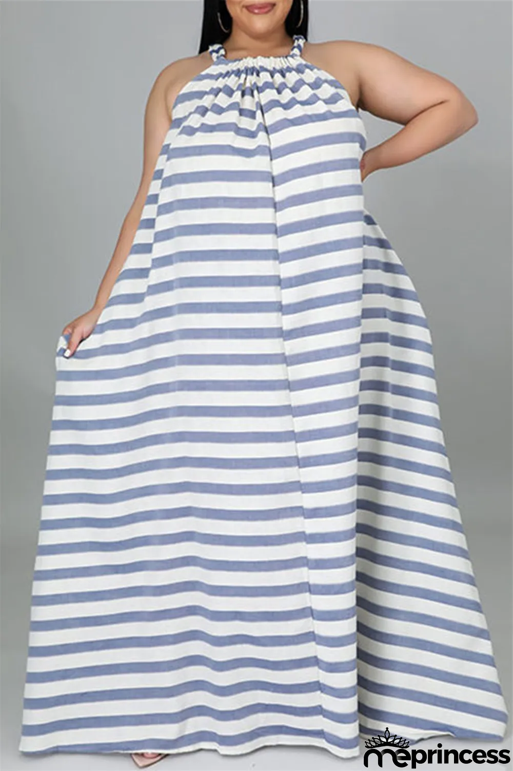 Light Blue Fashion Casual Plus Size Striped Print Backless O Neck Sleeveless Dress