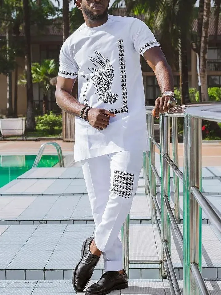 Men's casual white print two-piece suit