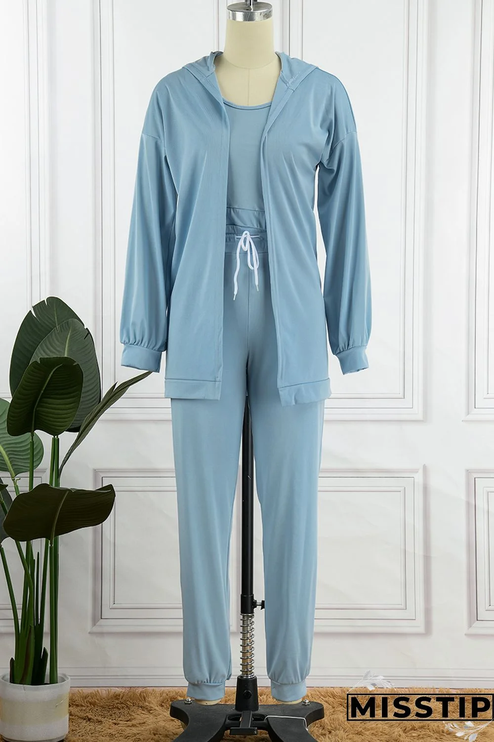 Blue Casual Solid Basic U Neck Long Sleeve Two Pieces