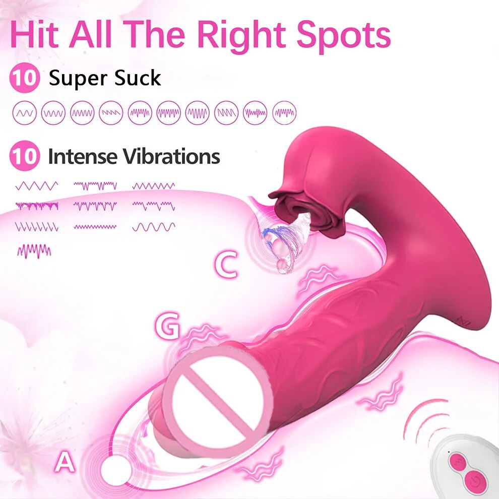 Fjernkontroll thrusting teleskopisk vibrator med klitoris sugestimulator