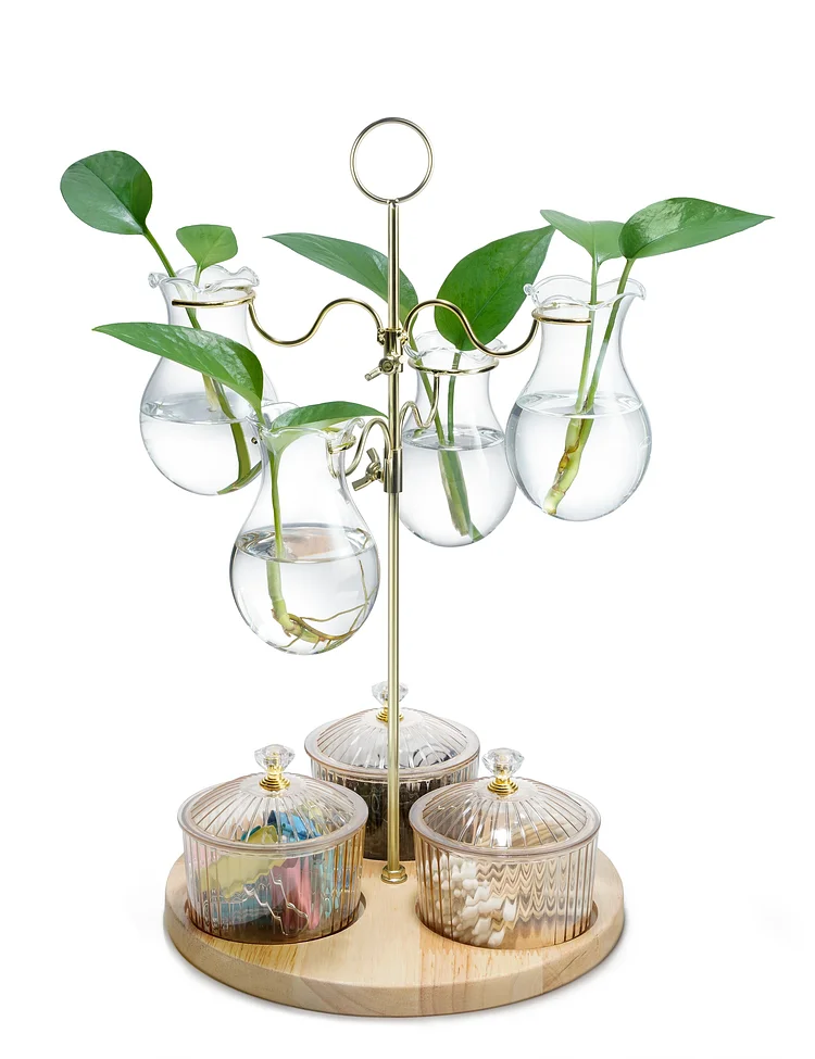 2 in 1 Plant Propagation Station with Storage Jars, Unique 2 Tier Tower Design, 4 Hydroponic Glass Vases & 3 Organizers Canisters with Lid, Garden Gift for Plant Lover, Home or Office Decor