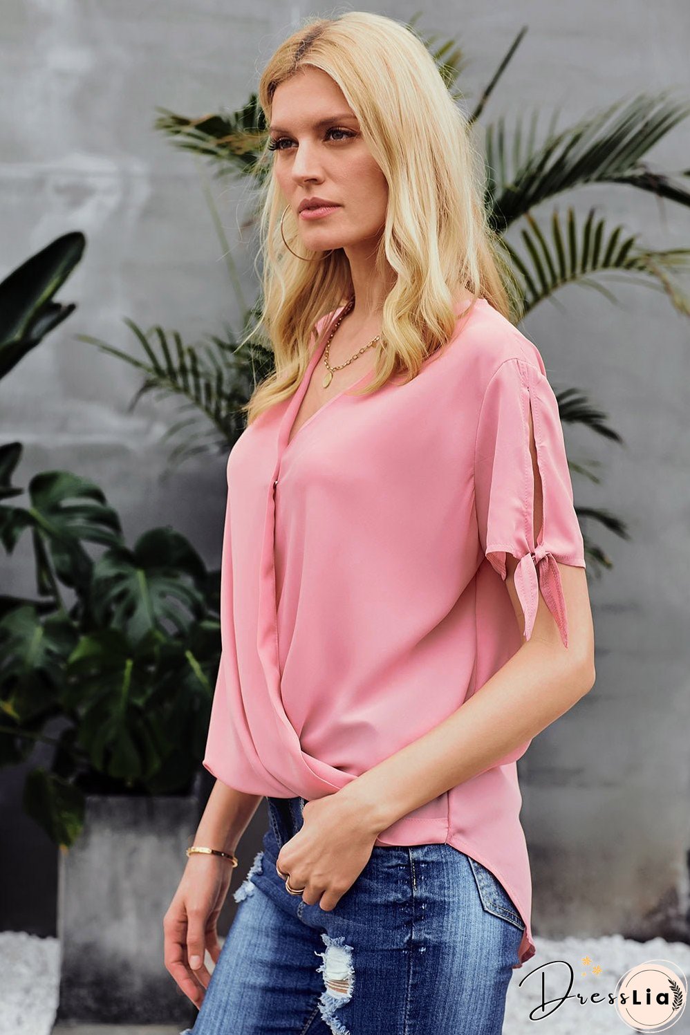 Elegant Pink Charismatic Drape Short Sleeve Blouse