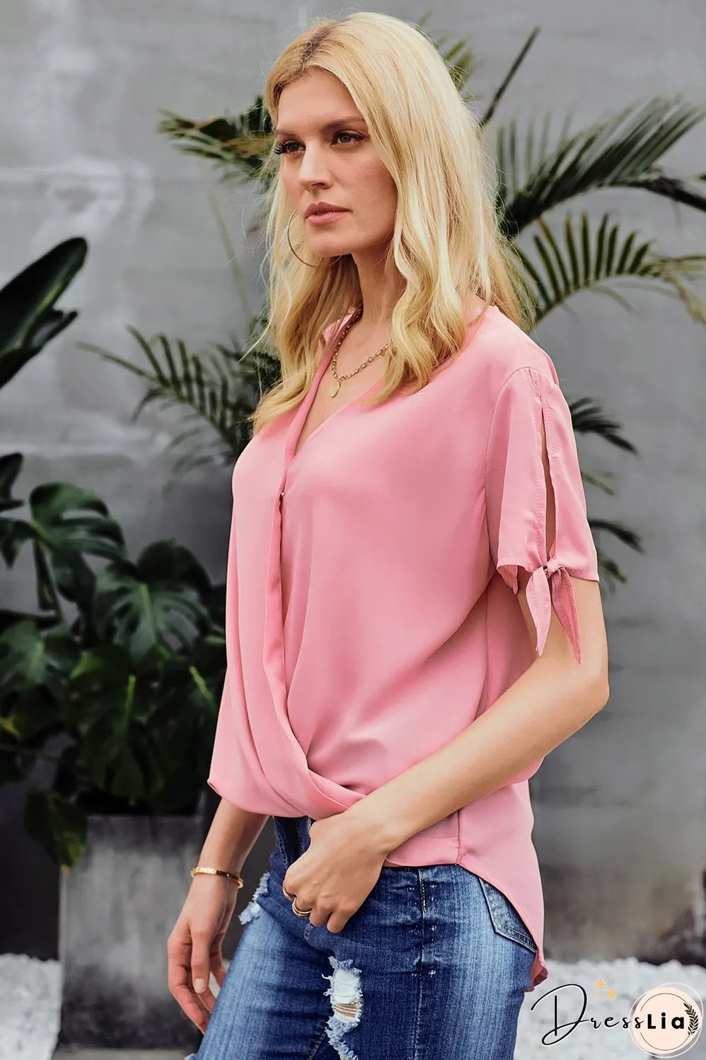 Elegant Pink Charismatic Drape Short Sleeve Blouse