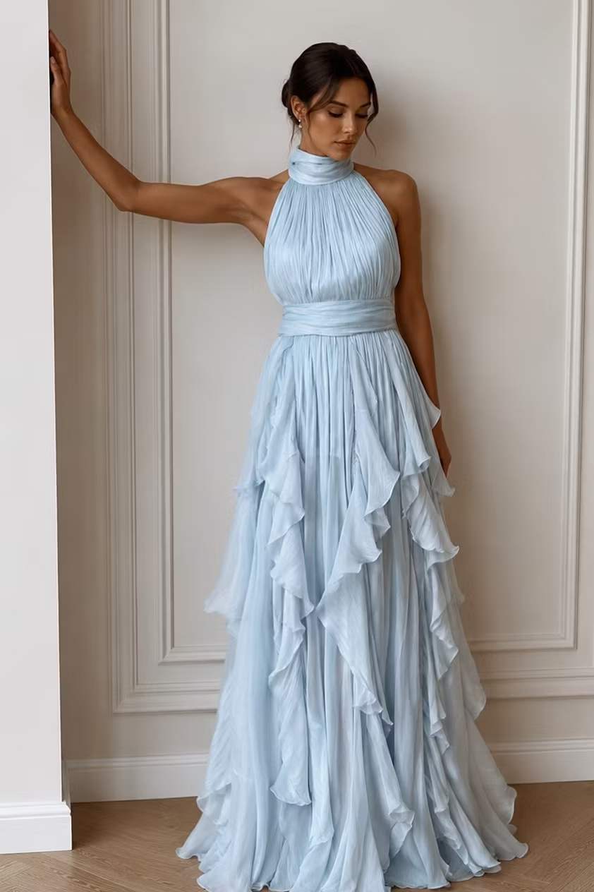 Stylish Chiffon High Neck Strapless Sleeveless High-Waisted Long Prom Dress With Pleated And Ruffles | YC0525 Wellcucu