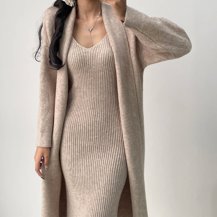 Fall Winter Warm Knitted Dresses 2 Pieces Set For Women Korean Casual V Neck Knit Sweater Dress+long Sleeve Solid Cardigans Suit Aiertu
