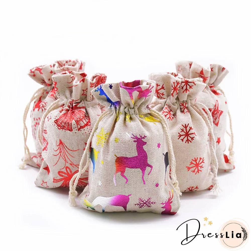 5/10Pcs Christmas Candy Bag Canvas Cotton Gift Bags Santa Elk Snowflake Star New Year Xmas Gifts For Kids Wedding Party Decor