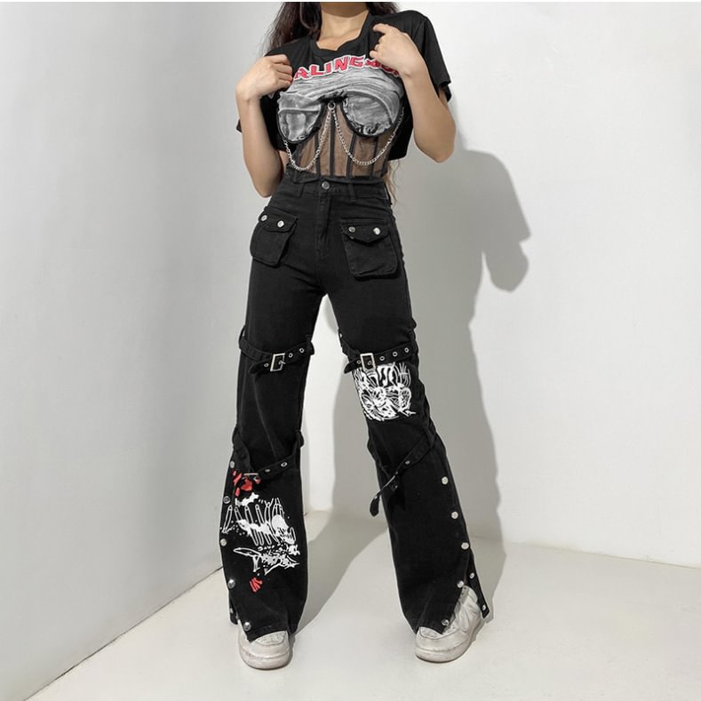 Street Fashion Cool Style Early Autumn Printed Metal Buckle Denim Draped Jeans