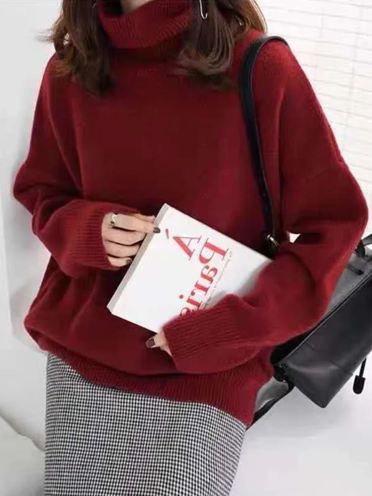 Casual Loose Long Sleeves Solid Color High-Neck Sweater Tops