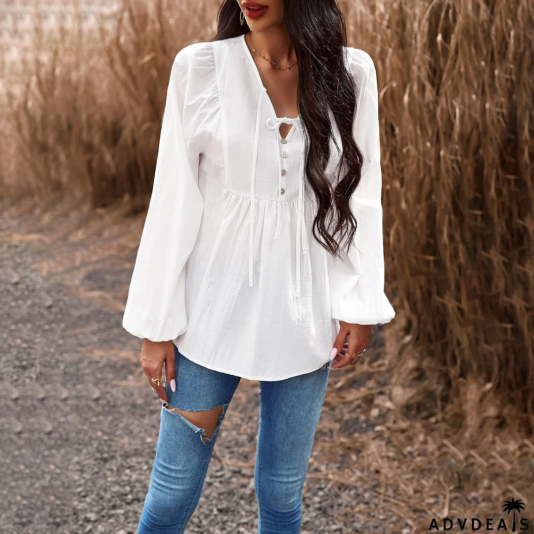 Women Chic Career Solid V Neck Long Sleeve Top