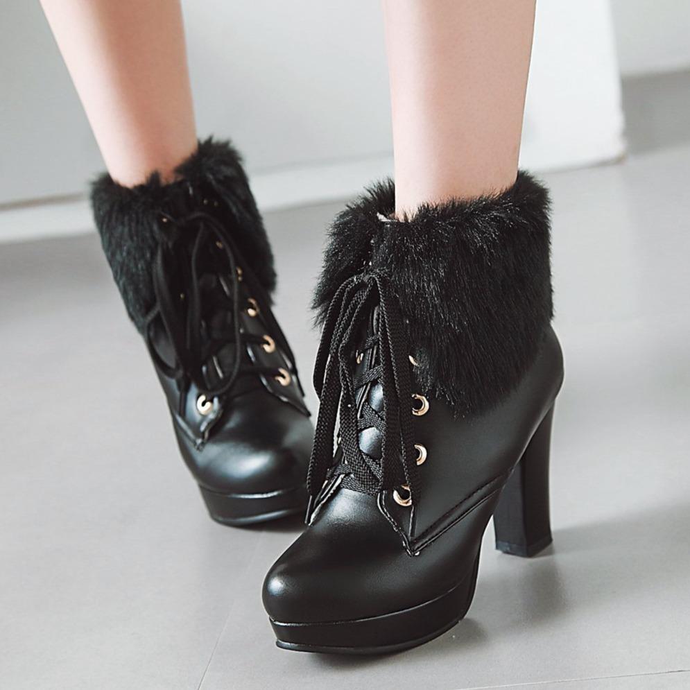 Winter fuzzy fold down front lace chunky high heel combat boots