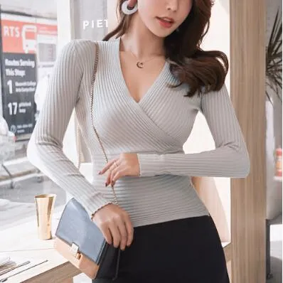 2020 New Sexy Deep V Neck Sweater Women's Pullover Casual Slim Bottoming Sweaters Female Elastic Cotton Long Sleeve Tops Femme