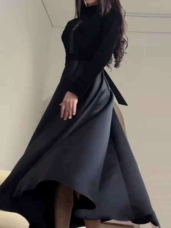 Mock Two-Piece Long-Sleeve Collared Plaid Maxi A-Line Dress main image 0