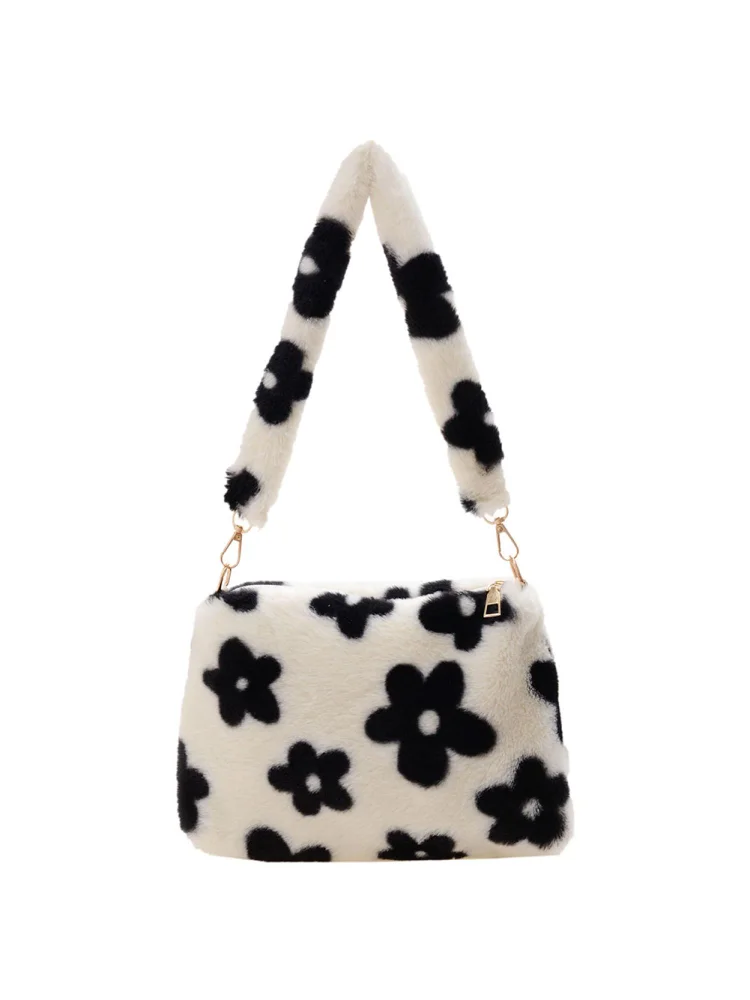 Fashion Flower Print Shoulder Bag Women Winter Plush Small Handbags (Black)