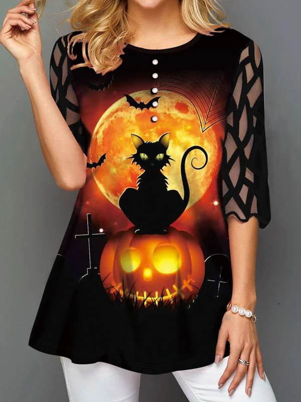 Halloween printed button decorated mesh patchwork T-shirt