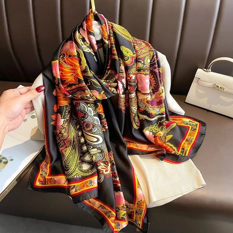 Women’s Fashion Letter Plaid Satin Printing Silk Scarves