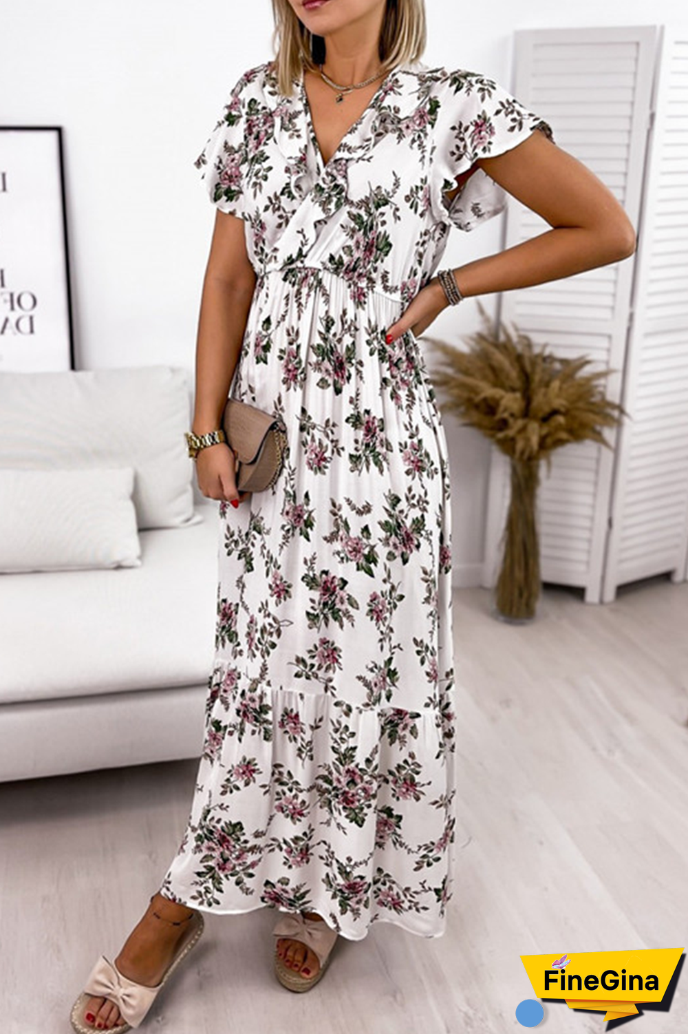Fashion Elegant Floral Flounce V Neck A Line Dresses(4 Colors)