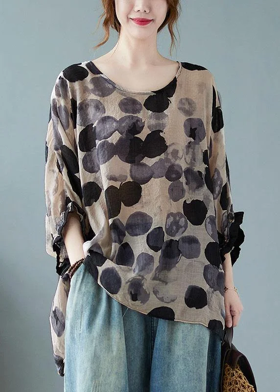 Loose Blue Dotted Batwing Sleeve Cotton Linen Tee