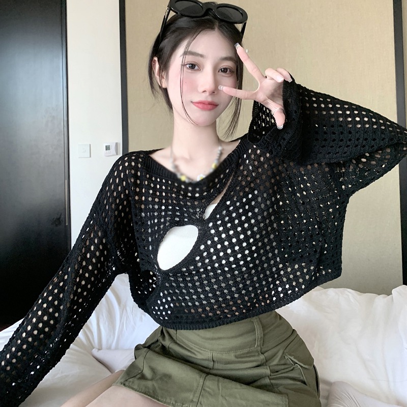Sexy Perspective Open Navel Round Neck Loose Top Wearing Hollow Knitted Cover Top for Women's Sun Protection Shirt