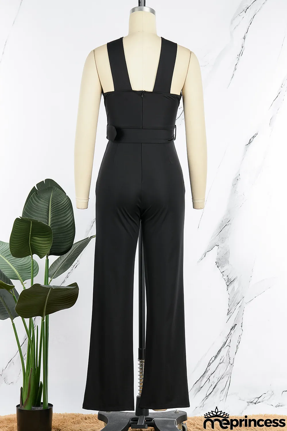 Blue Casual Solid Patchwork Backless With Belt V Neck Regular Jumpsuits