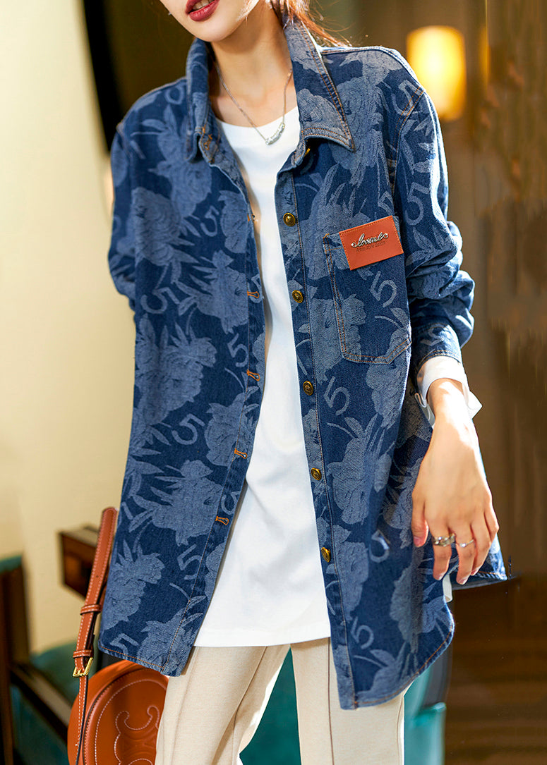 VCSHOES Loose Blue Peter Pan Collar Button Print Denim Blouses Spring
