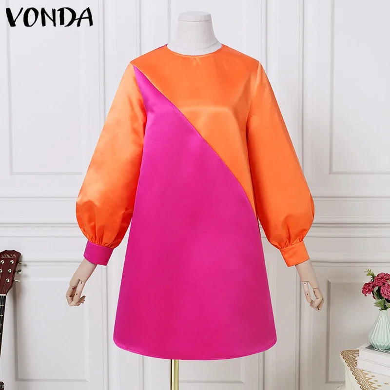 2022 Summer Dress VONDA Women Casual O Neck Vintage Patchwork Long Lantern Sleeve Dresses Plus Size Party Vestidos Short Robe