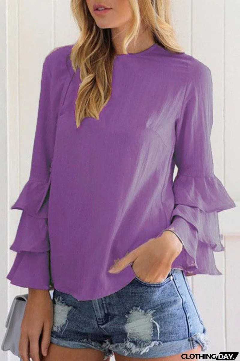 Casual Solid Flounce O Neck Tops(9 Colors)