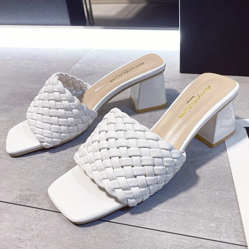 Lucyever Summer Outdoor High Heel Slippers Women Fashion Thick Heels Weave Slides Woman Square Toe Open Toe Sexy High Heels