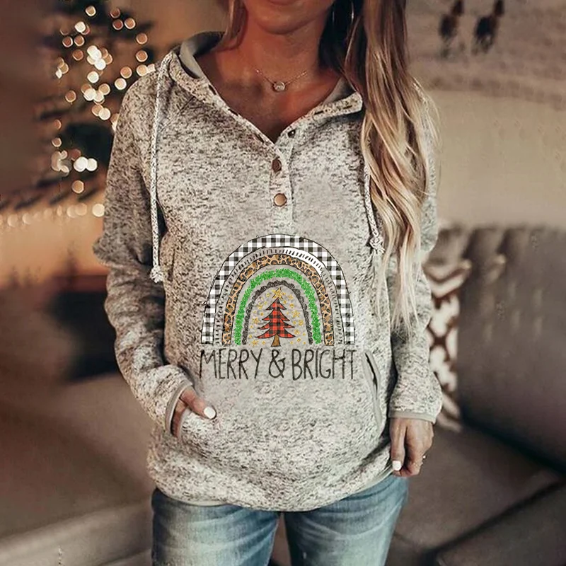 Half-button Classic Merry & Bright Check Christmas Tree Printed Hoodie