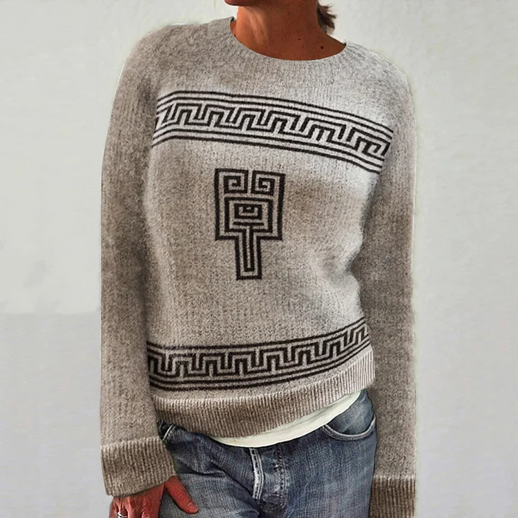 Greek Key Pattern Cozy Knit Sweater